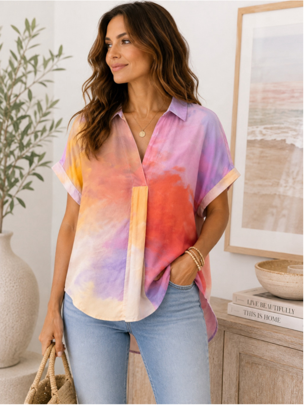 Bl^nk London Watercolor Abstract Tunic Blouse Small 100% Viscose Dolman Top